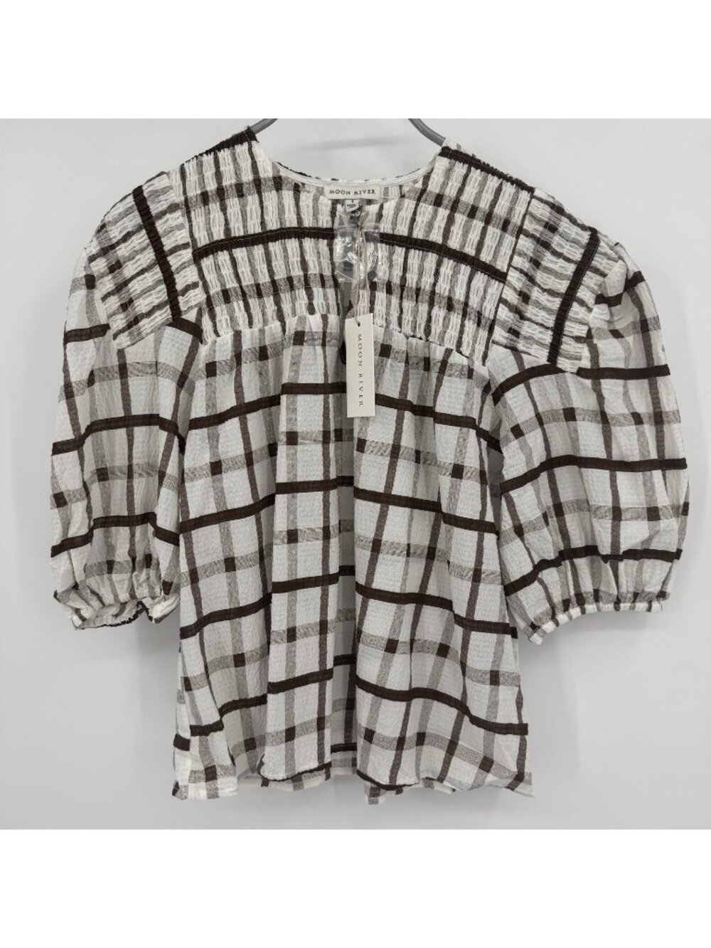 Moon River Brown Grid Print Off Sleeve Woven Top Size S Small 100% Cotton $70